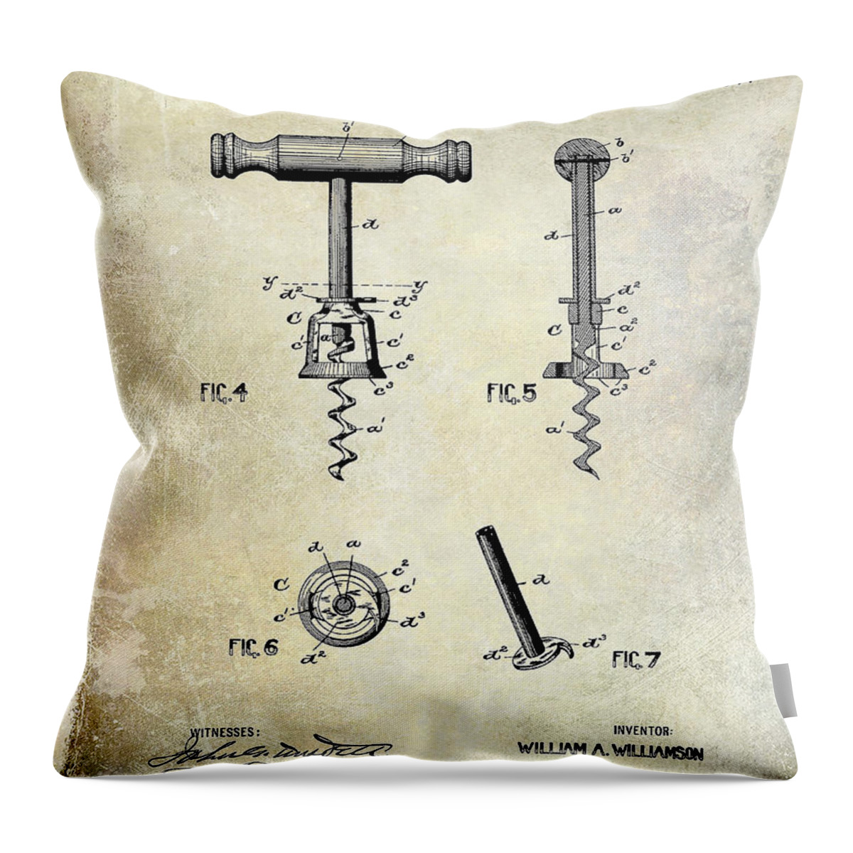 Corkscrew Patent Drawing Throw Pillow featuring the photograph Corkscrew Patent 1897 by Jon Neidert