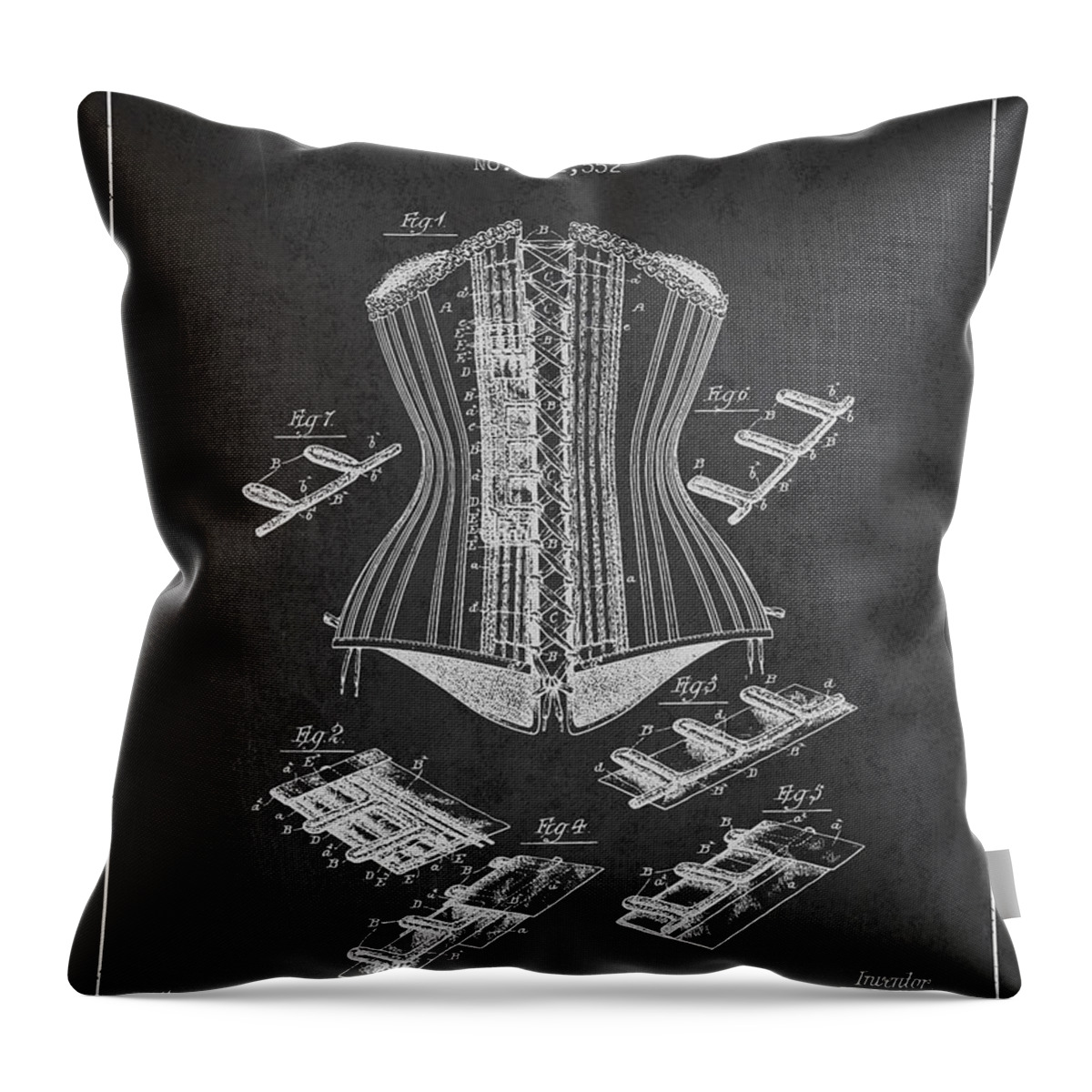 Corset Throw Pillow featuring the digital art Corset patent from 1890 - Dark by Aged Pixel