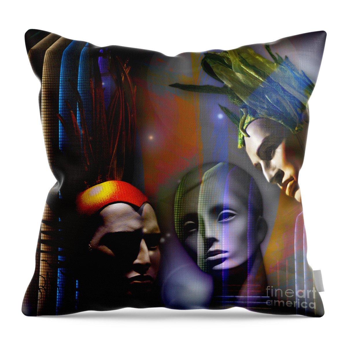 Cosmic Throw Pillow featuring the digital art Cosmic Mannequins Triad by Rosa Cobos
