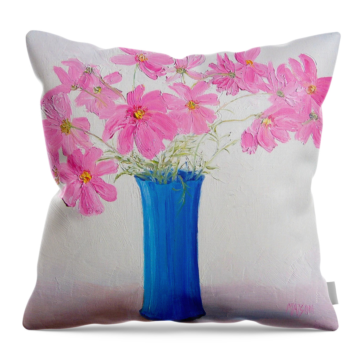 Cosmos Flowers Throw Pillow featuring the painting Cosmos flowers by Jan Matson