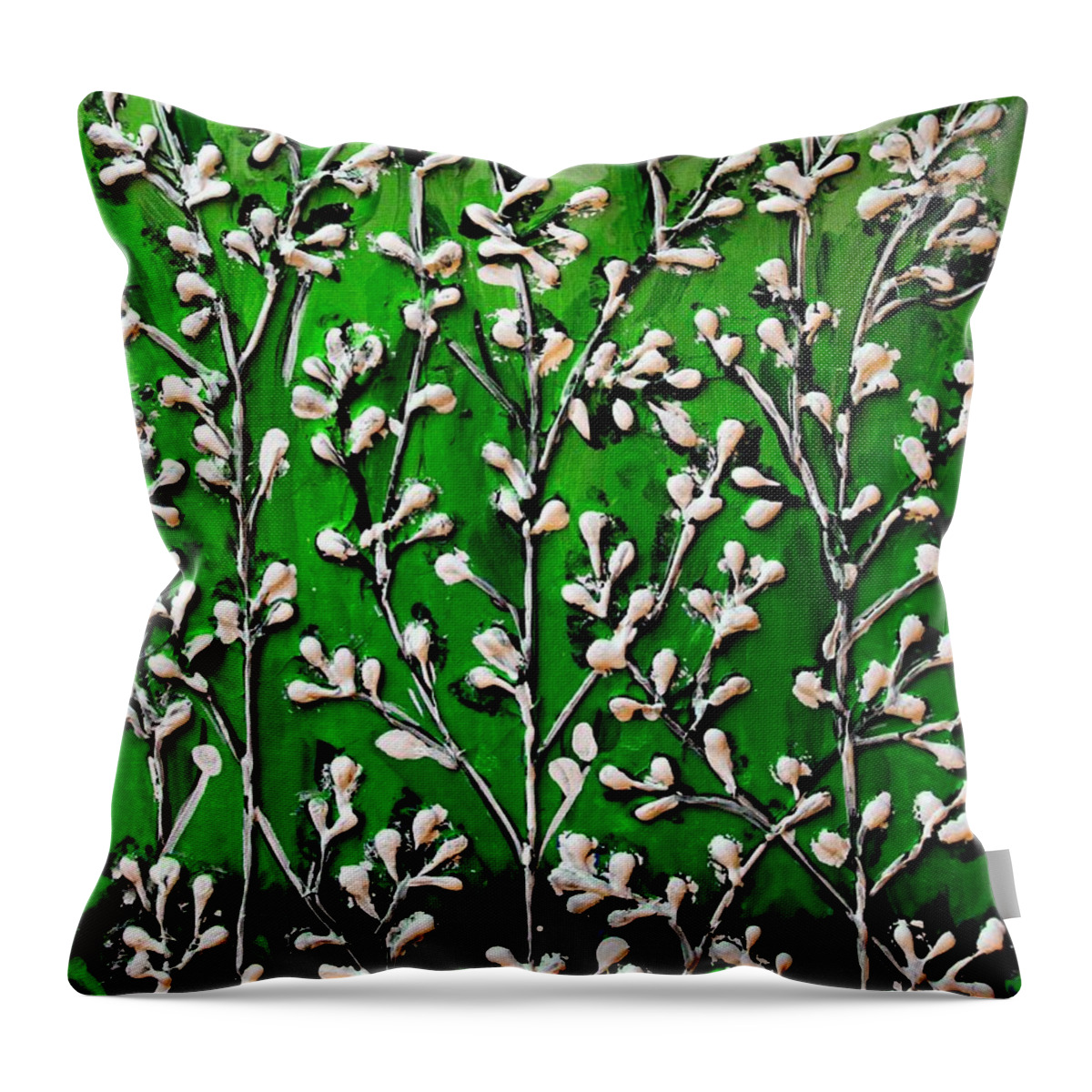 Cotton Throw Pillow featuring the painting Cotton Flowers with Green Background by Cynthia Snyder