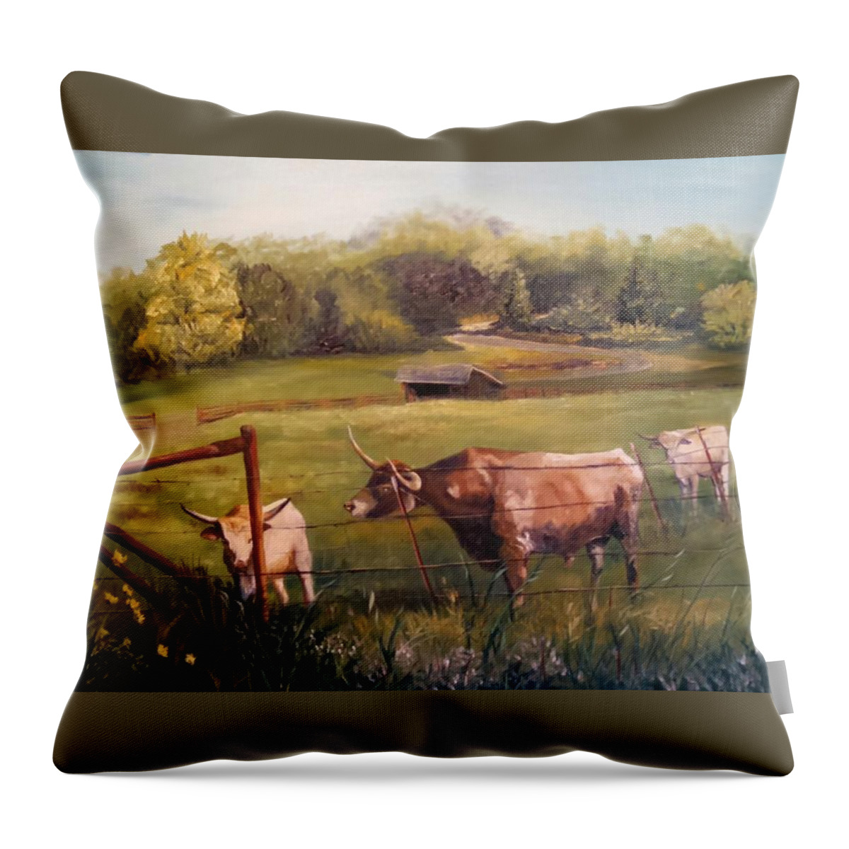 Longhorn Cattle Throw Pillow featuring the painting Courtship Across The Fence Line by Connie Rish