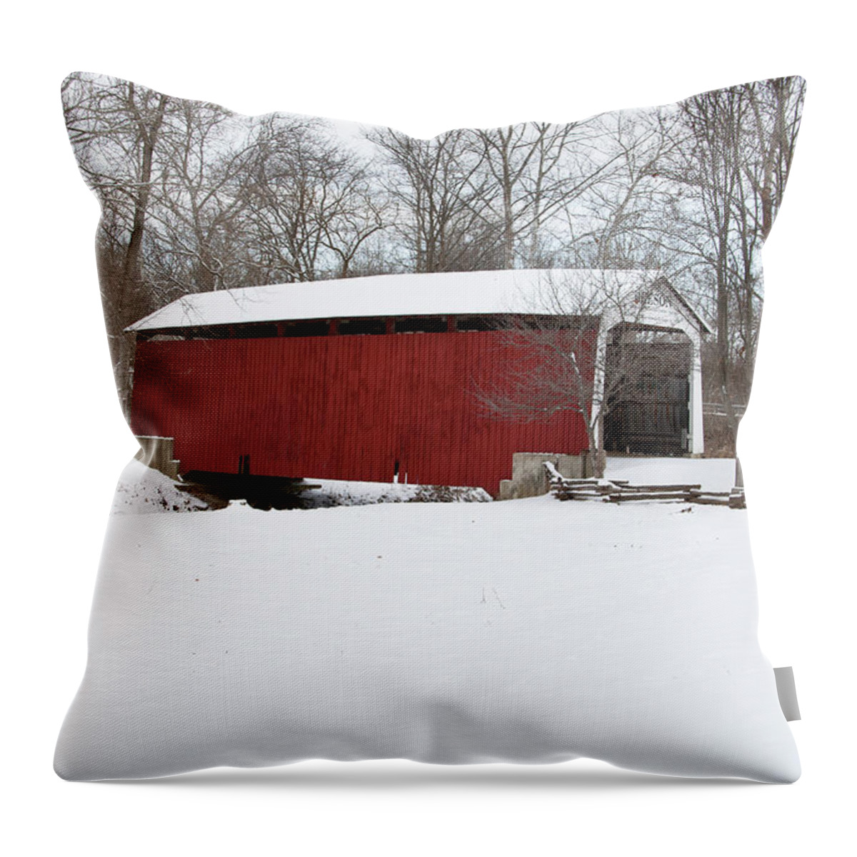 Photography Throw Pillow featuring the photograph Covered Bridge In Snow Covered Forest by Panoramic Images