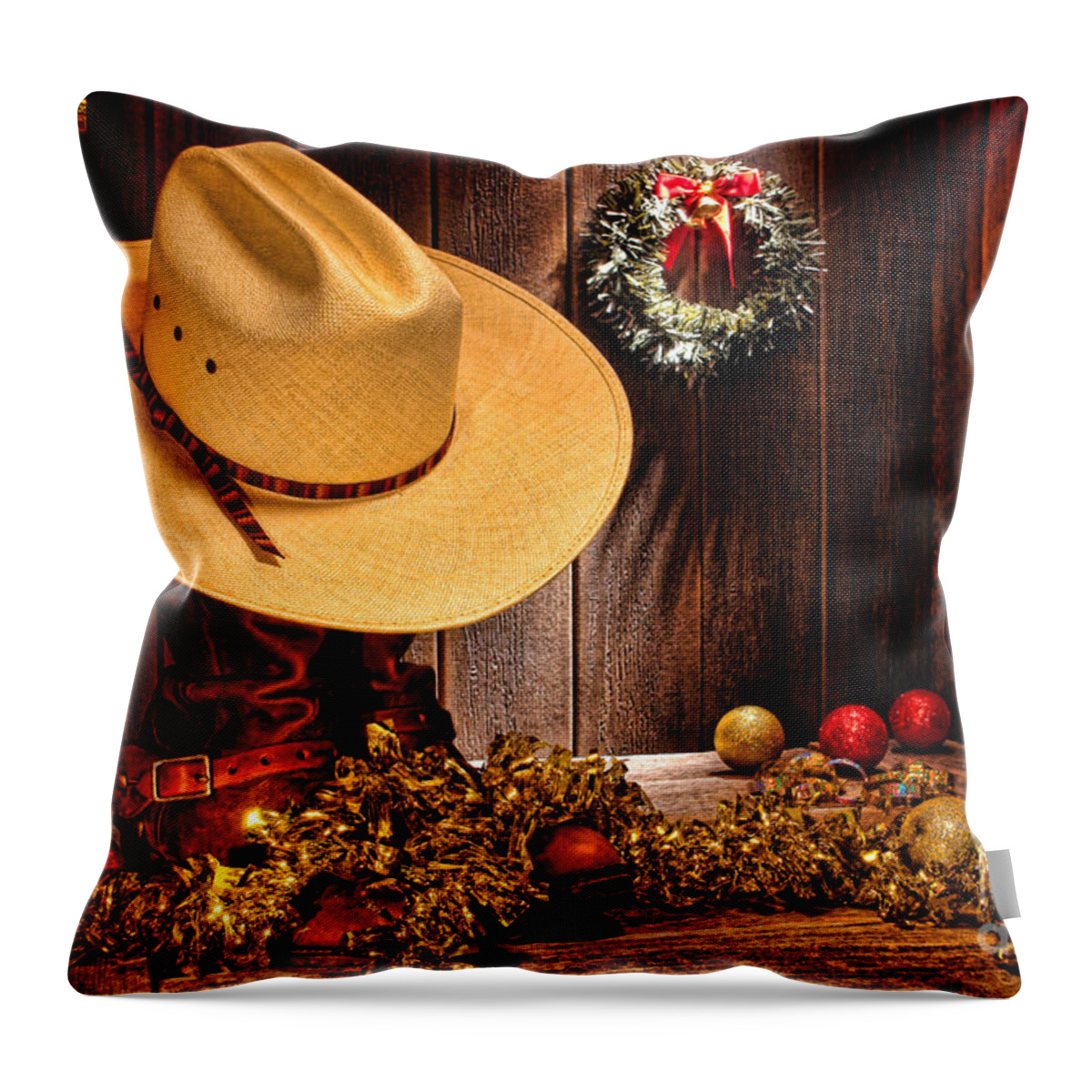 Christmas Throw Pillow featuring the photograph Cowboy Christmas Party by Olivier Le Queinec