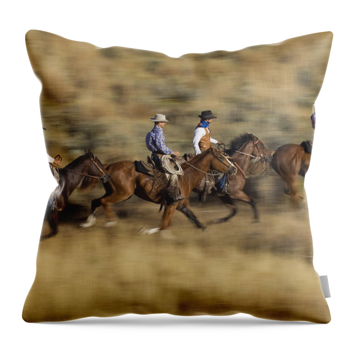 Feb0514 Throw Pillow featuring the photograph Cowboys And Cowgirl Riding Oregon by Konrad Wothe