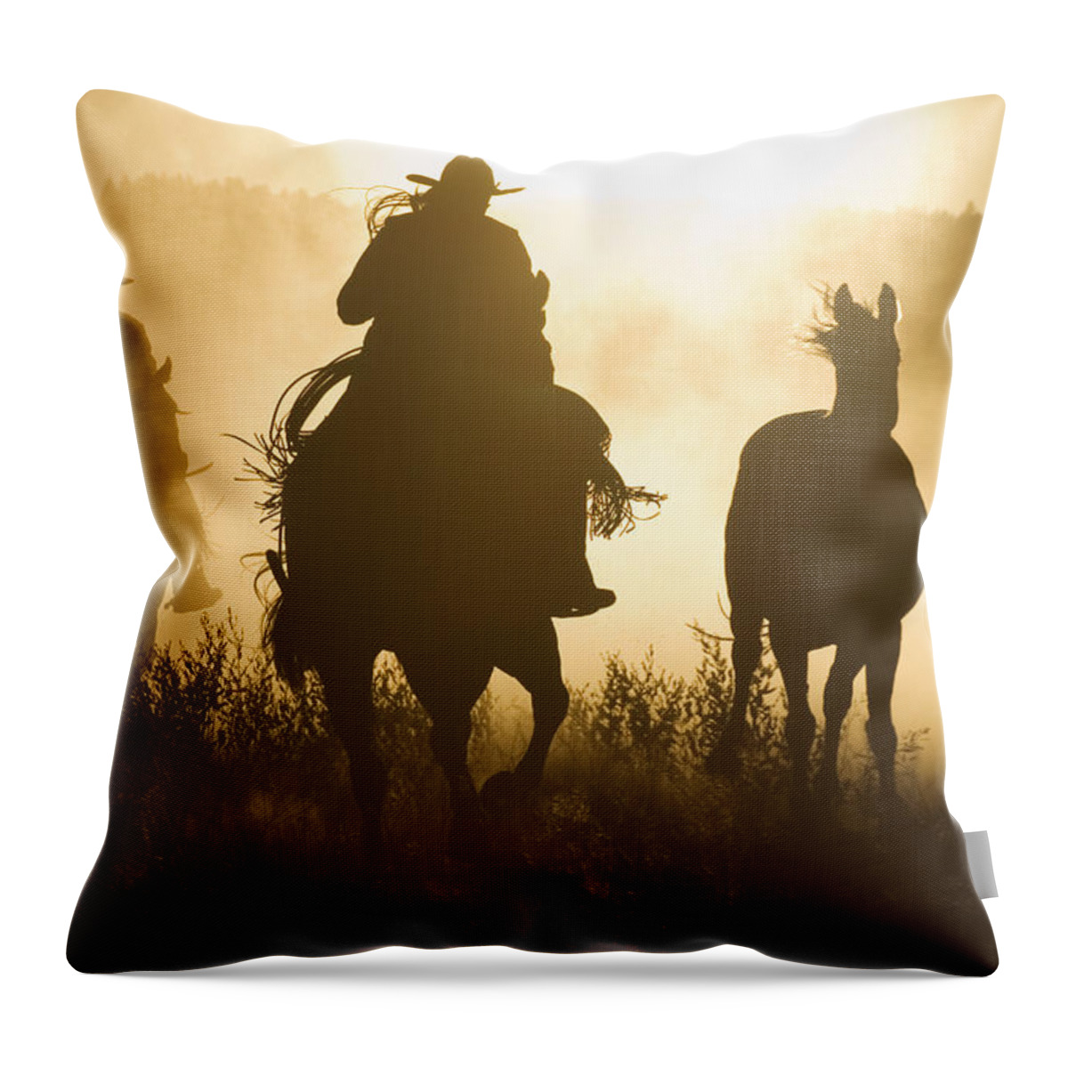 Feb0514 Throw Pillow featuring the photograph Cowboys Herding Horses At Dusk Oregon by Konrad Wothe