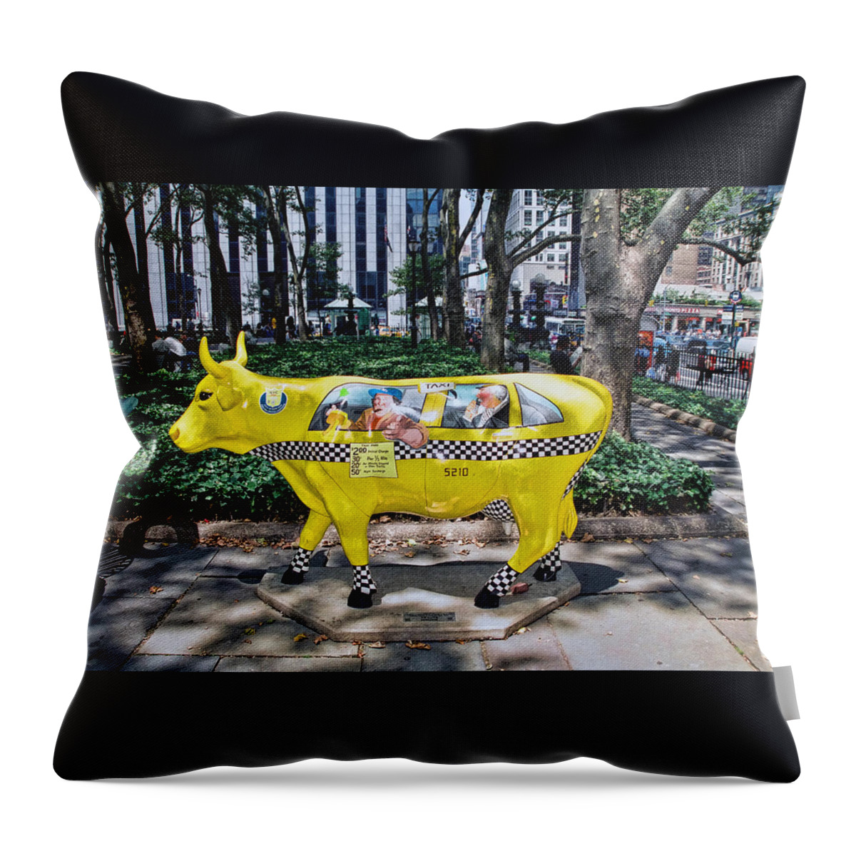 Taxi Cow Throw Pillow featuring the photograph Cow Parade N Y C 2000 - Taxi Cow by Allen Beatty