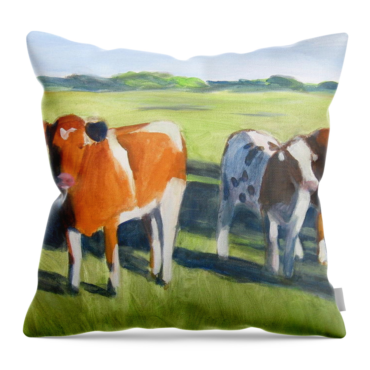Cow Throw Pillow featuring the painting Happy Cows by Kazumi Whitemoon