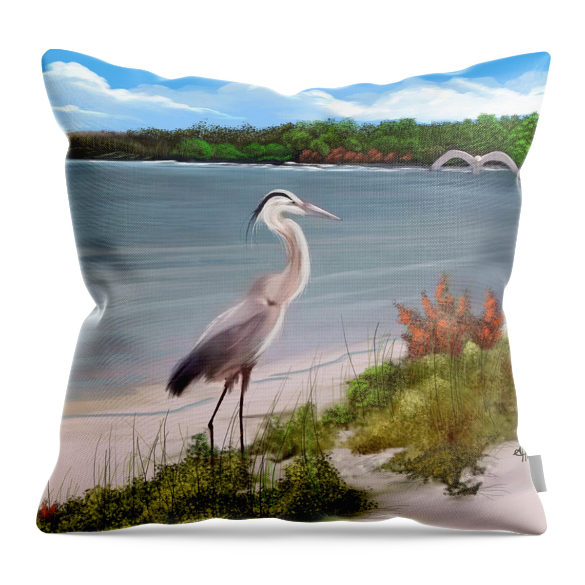 Anthony Fishburne Throw Pillow featuring the digital art Crane by the sea shore by Anthony Fishburne