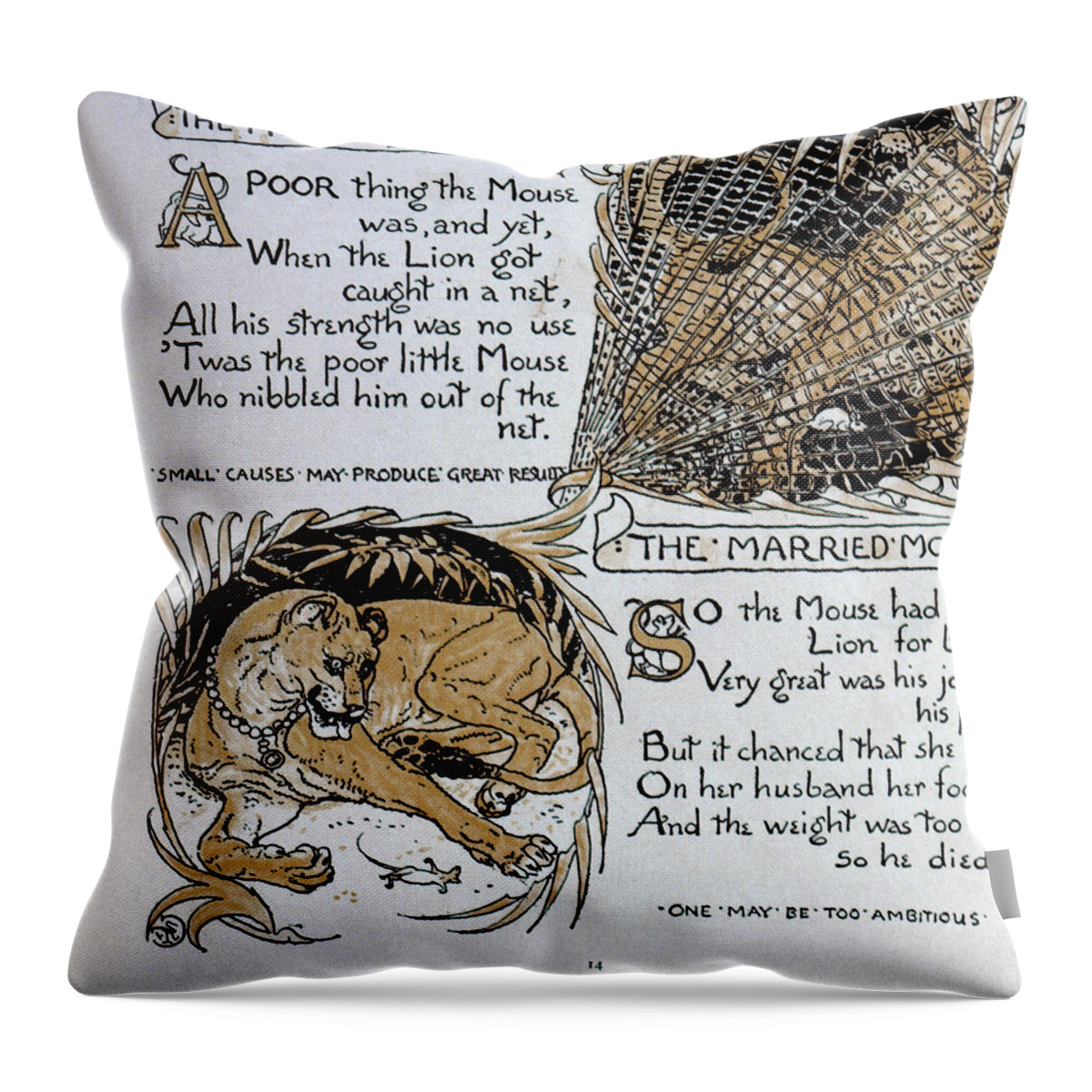 1887 Throw Pillow featuring the drawing Crane Mouse And The Lion by Granger