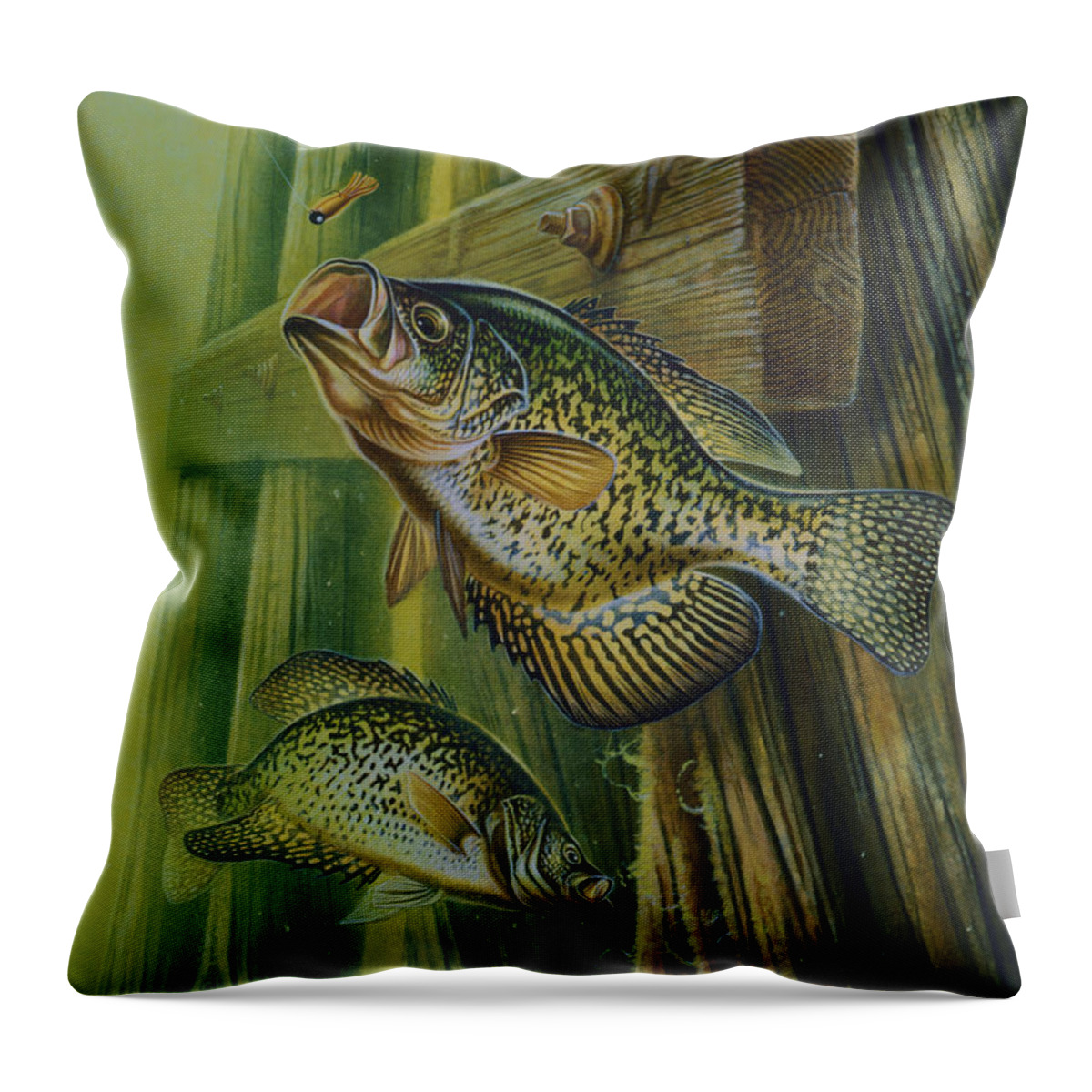 Jon Q Wright Throw Pillow featuring the painting Crappie and bridge support by JQ Licensing