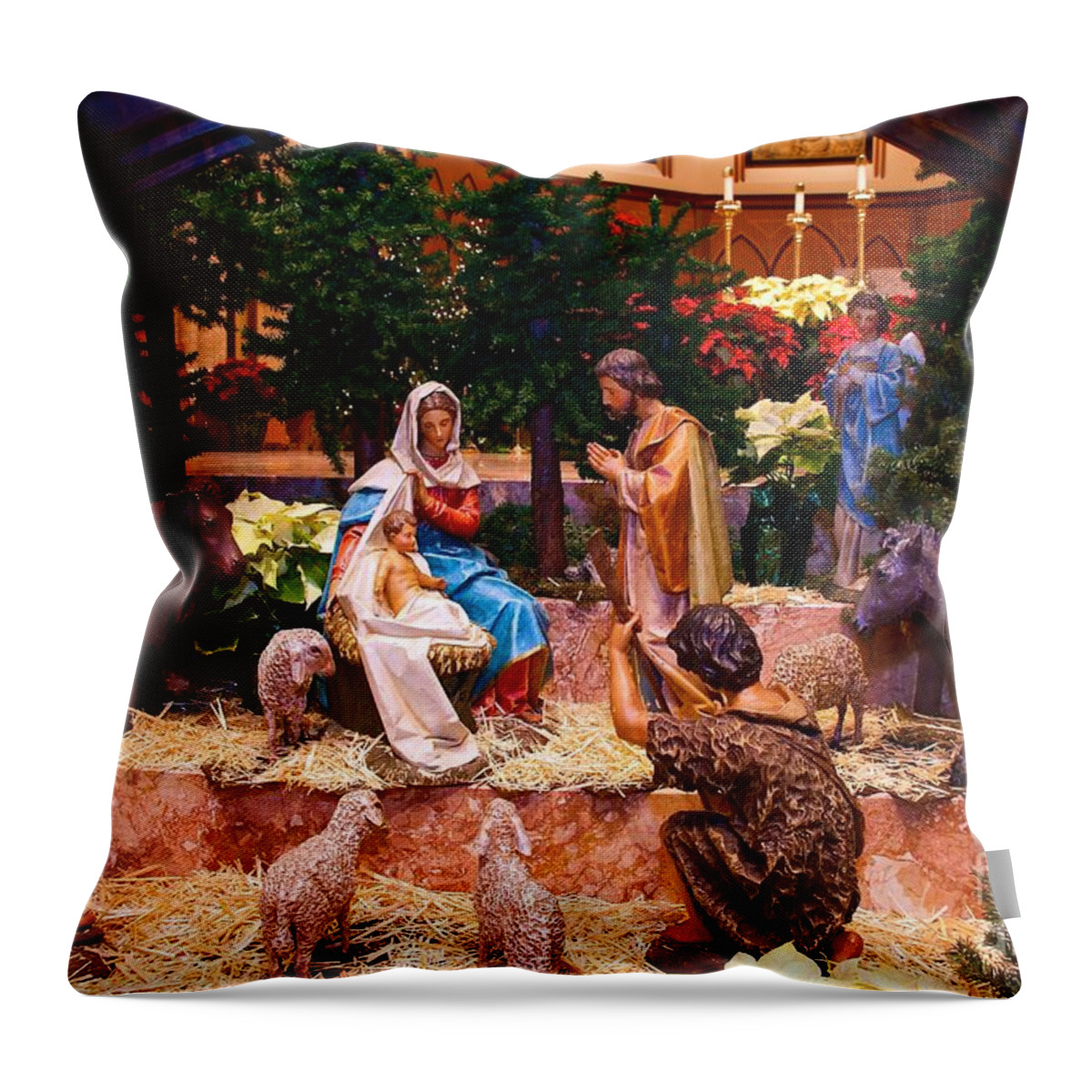 Christmas Cards Throw Pillow featuring the photograph Creche Scene at Holy Name Cathedral Chicago by Frank J Casella