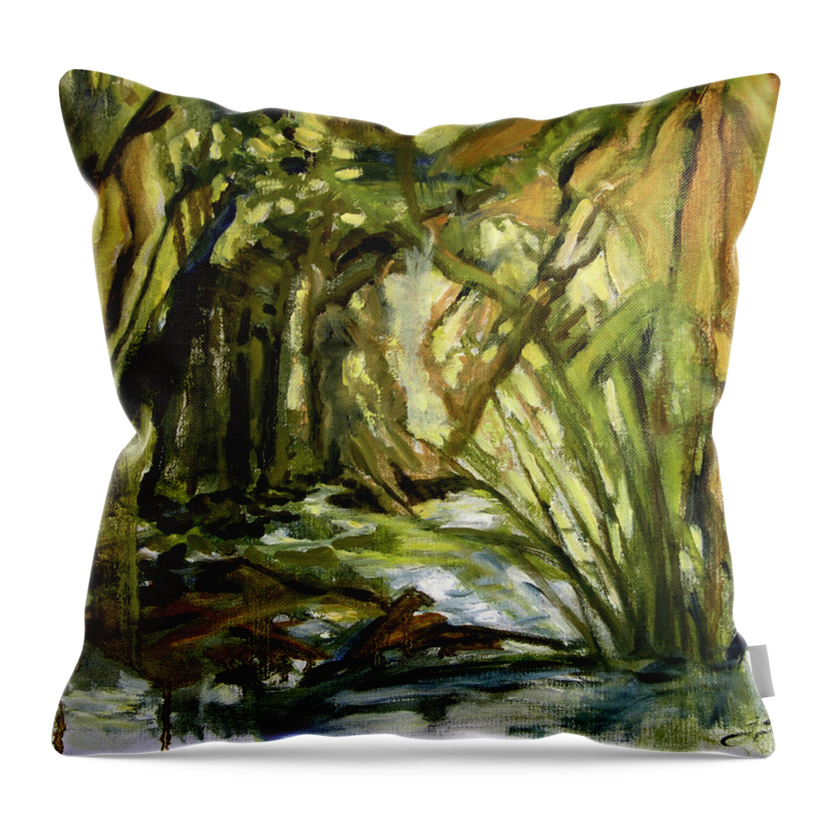 Nature Throw Pillow featuring the painting Creek Levels with overhang by Julianne Felton