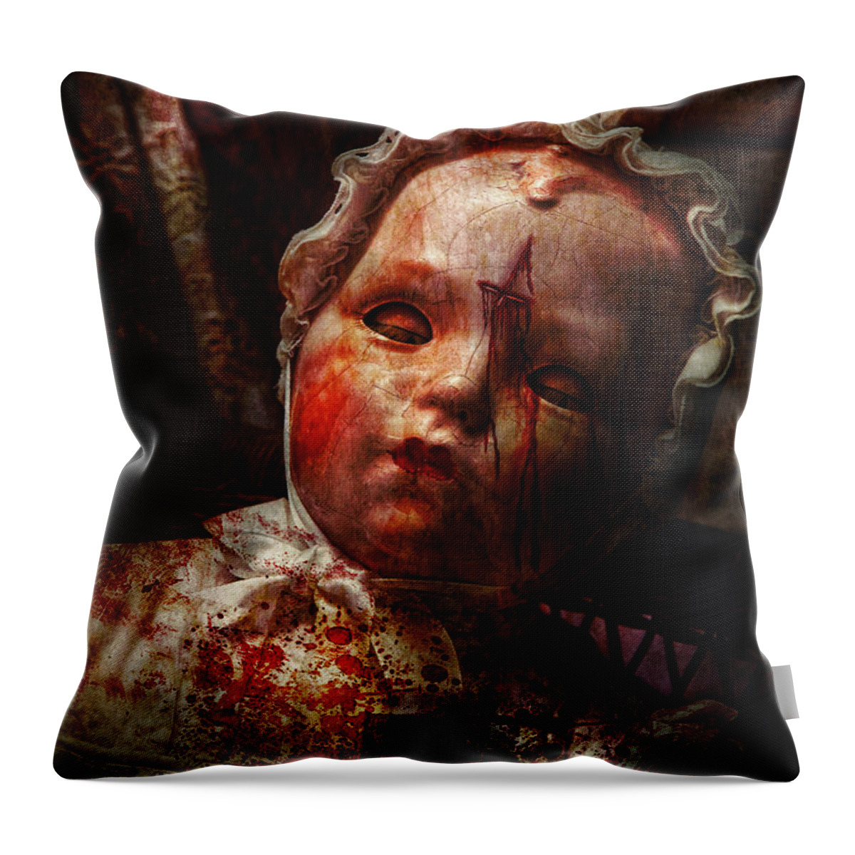 Haunted Town Throw Pillow featuring the digital art Creepy - Doll - It's best to let them sleep by Mike Savad