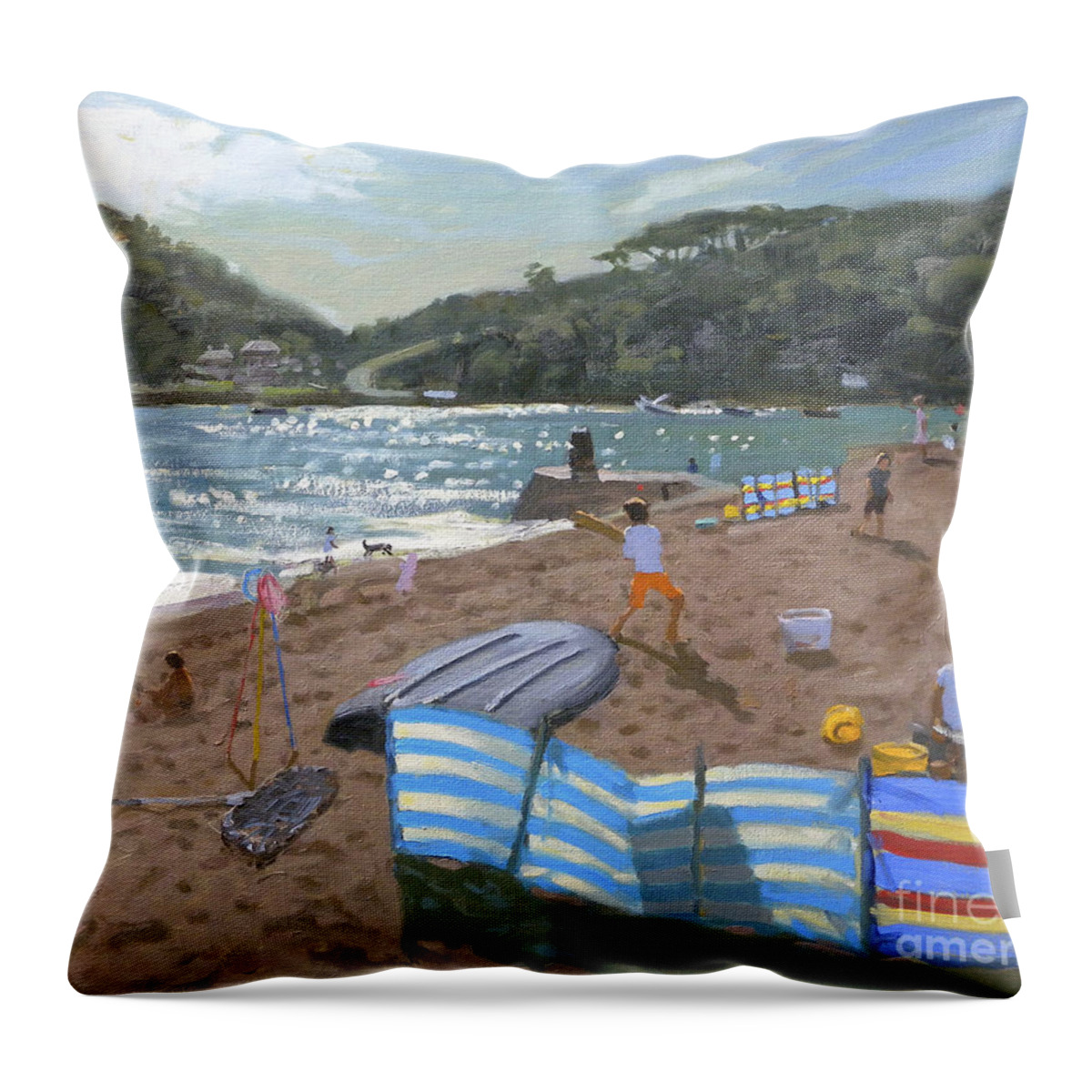 Sun Throw Pillow featuring the painting Cricket Teignmouth by Andrew Macara