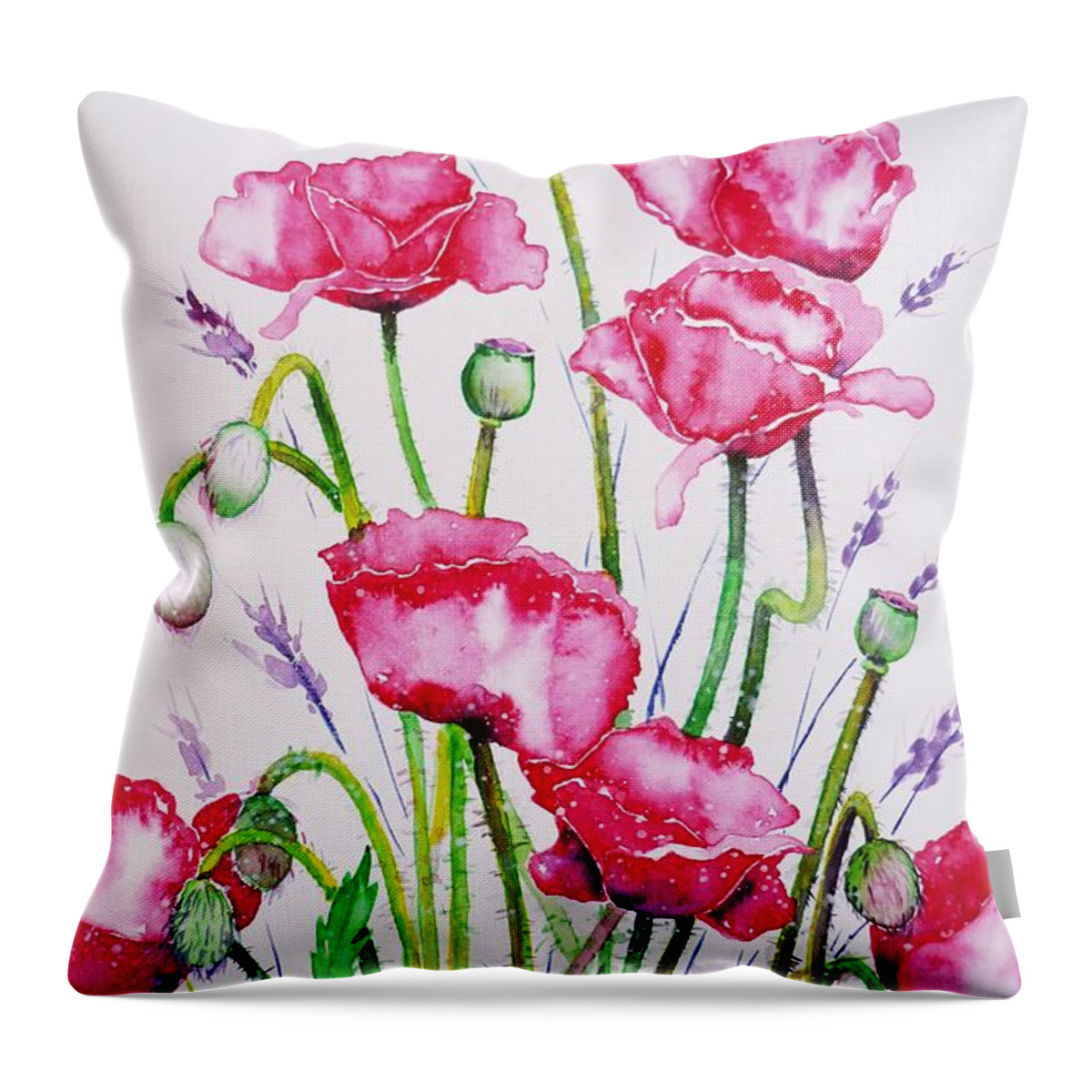 Crimson Poppies Throw Pillow featuring the painting Crimson Poppies by Zaira Dzhaubaeva