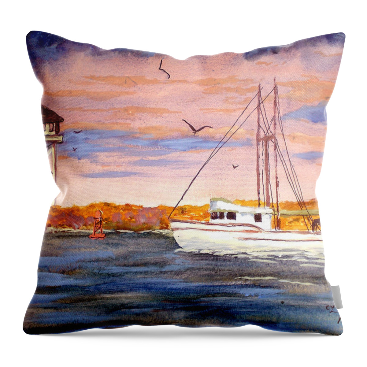 Fishing Boat Throw Pillow featuring the painting Crossing The Tillamook Bay Bar by Chriss Pagani