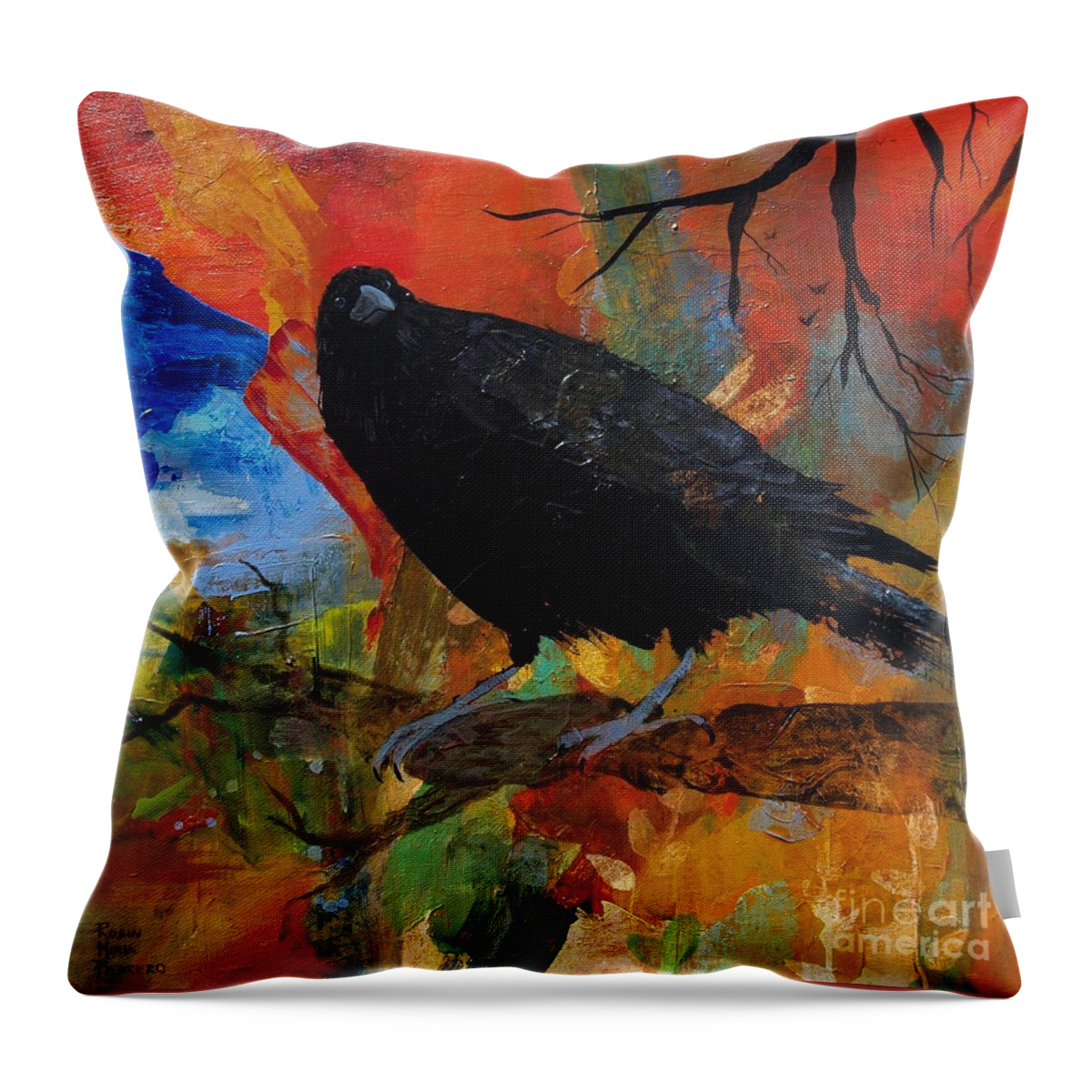 Crow Throw Pillow featuring the painting Crow on a Branch by Robin Pedrero
