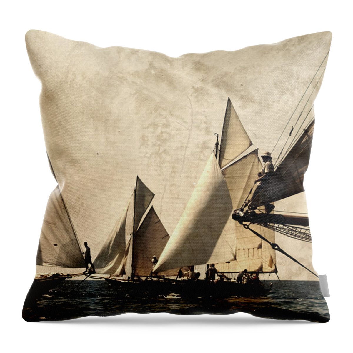 Outdoor Throw Pillow featuring the photograph A vintage processed image of a sail race in port Mahon Menorca - Crowded sea by Pedro Cardona Llambias