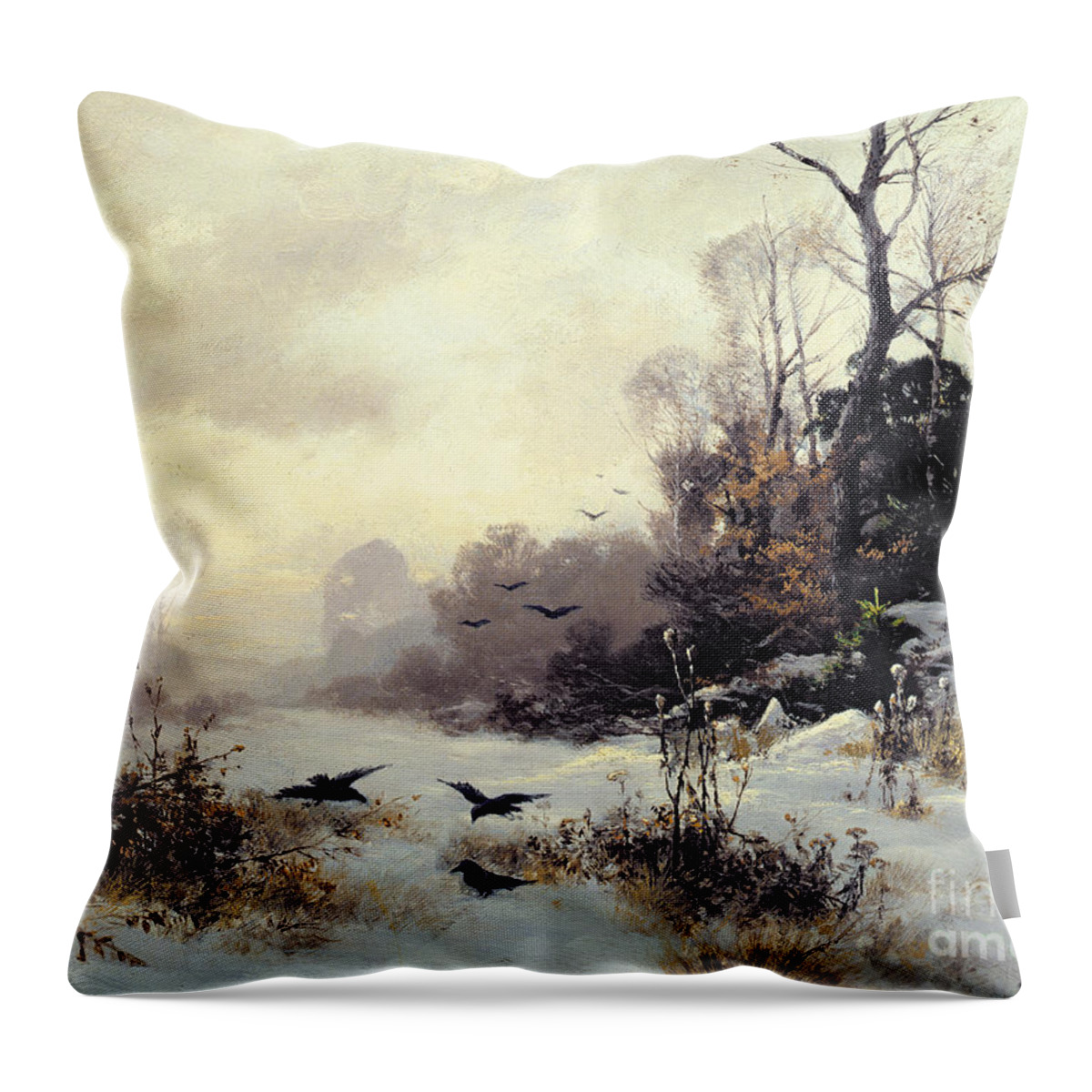 Snow Throw Pillow featuring the painting Crows in a Winter Landscape by Karl Kustner