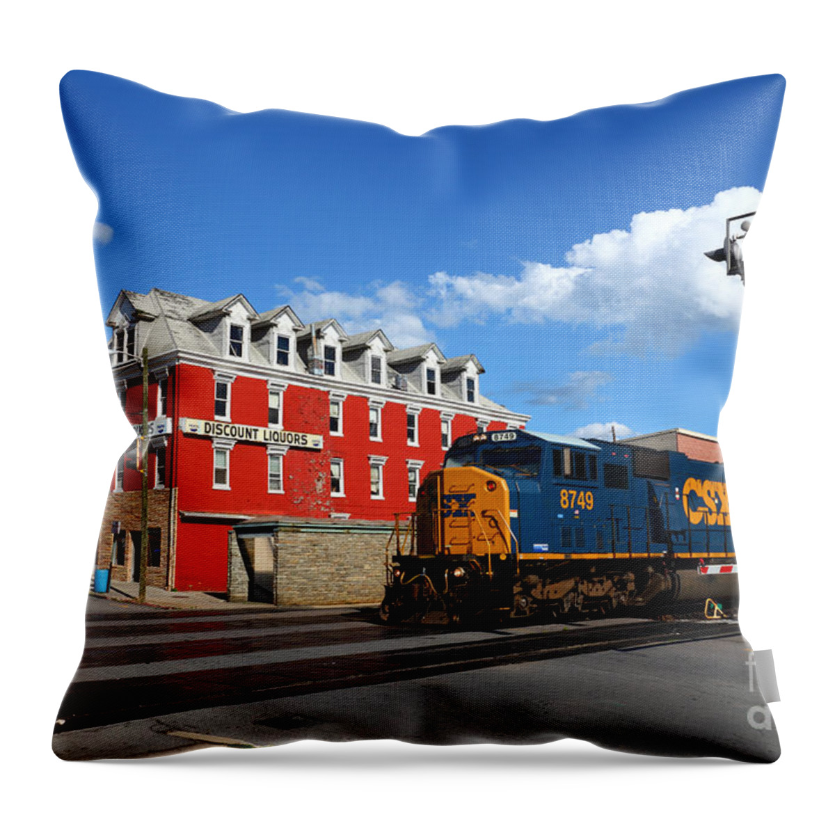 Rail Transport Throw Pillow featuring the photograph CSX Diesel Train at Cumberland by James Brunker