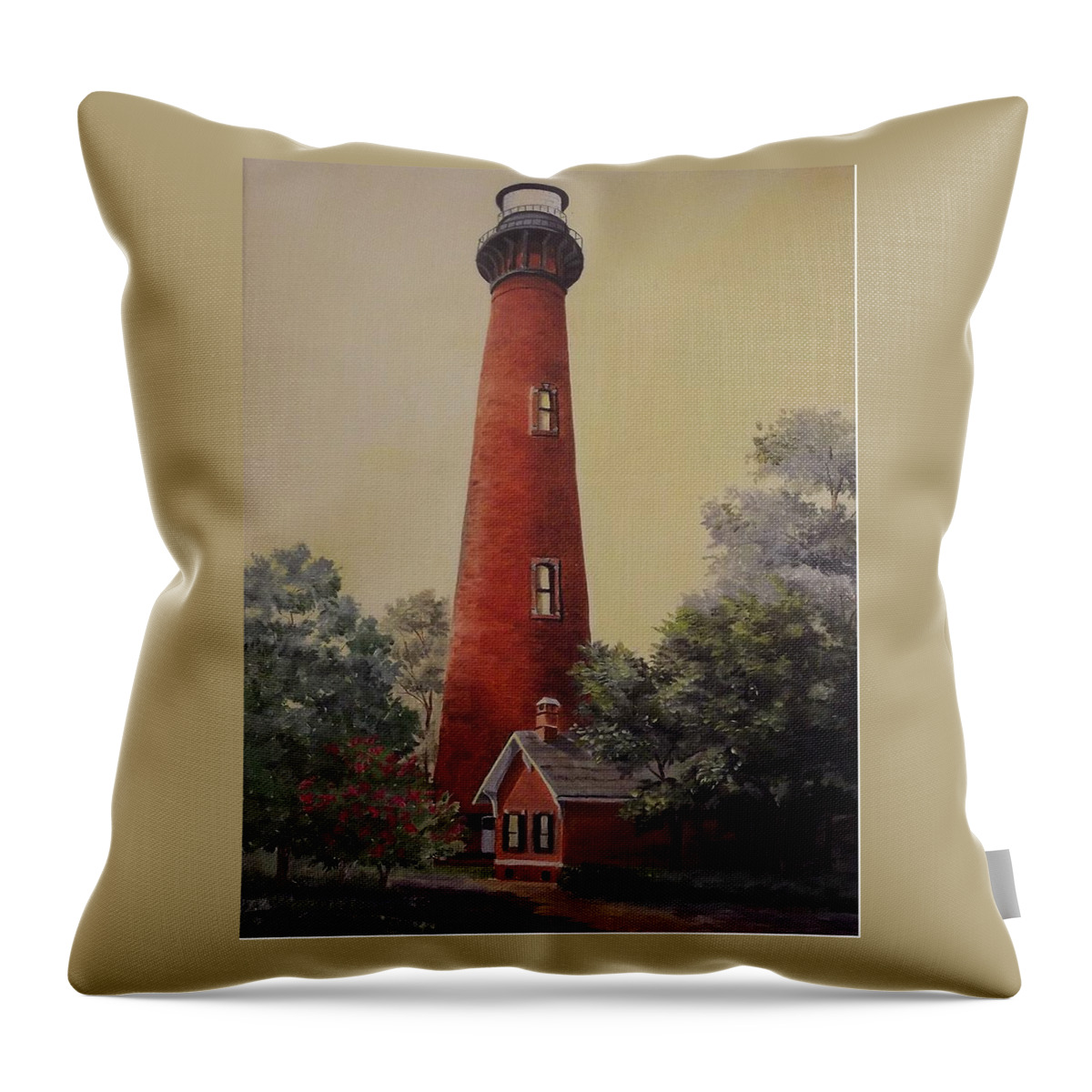 Lighthouse Throw Pillow featuring the painting Currituck Lighthouse by Wanda Dansereau