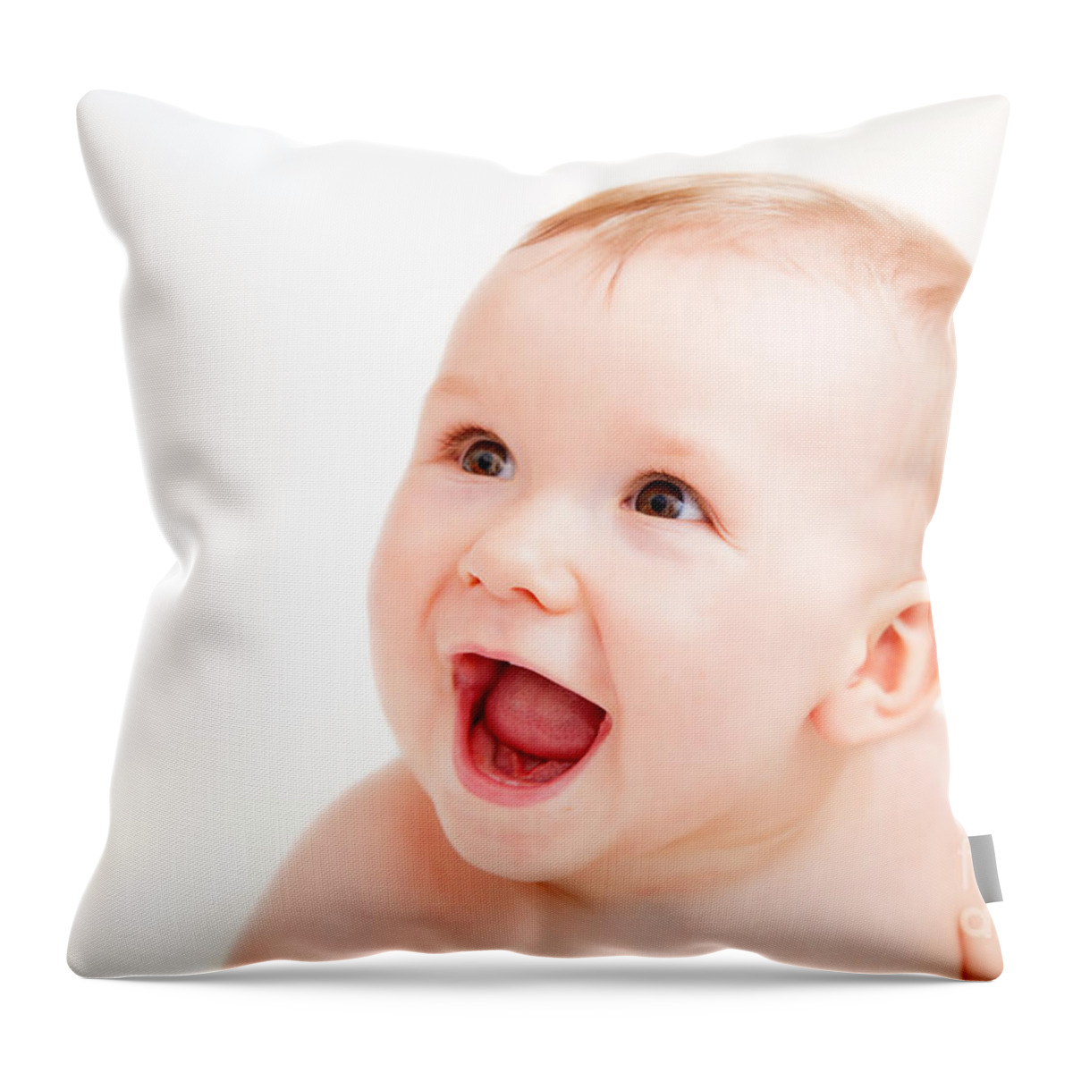 Baby Throw Pillow featuring the photograph Cute happy baby laughing on white by Michal Bednarek
