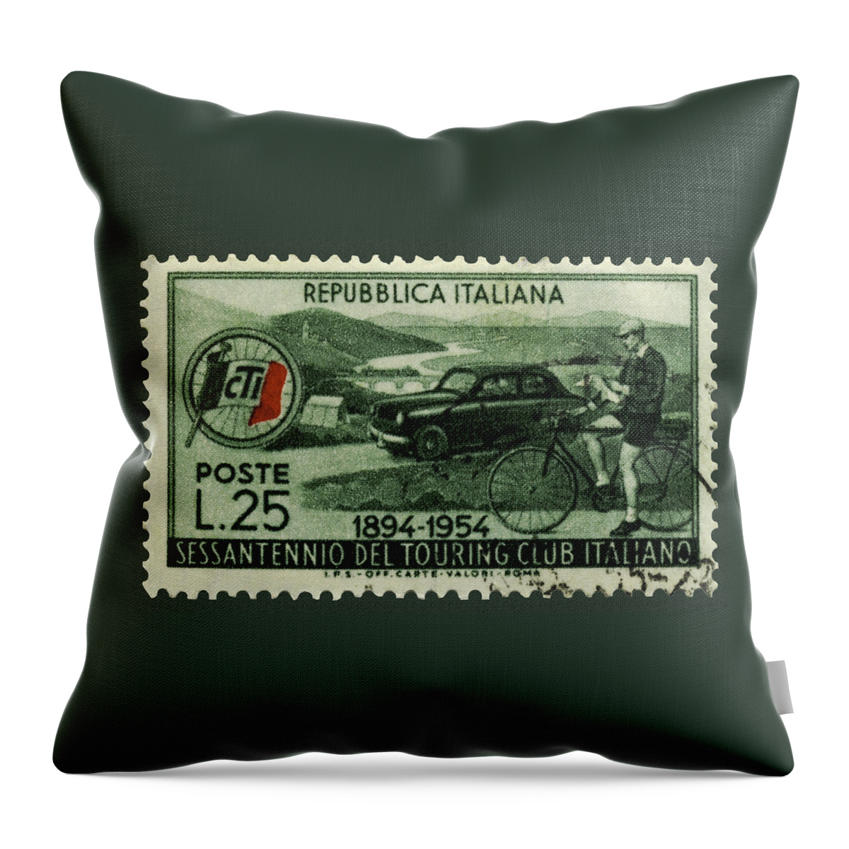 Italy Throw Pillow featuring the photograph Cycling and Driving Italian Touring Club Stamp by Phil Cardamone