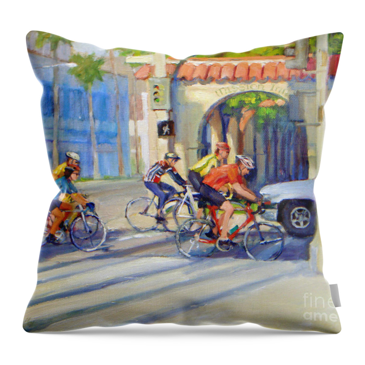 Cityscape Throw Pillow featuring the painting Cycling Past The Archway by Joan Coffey