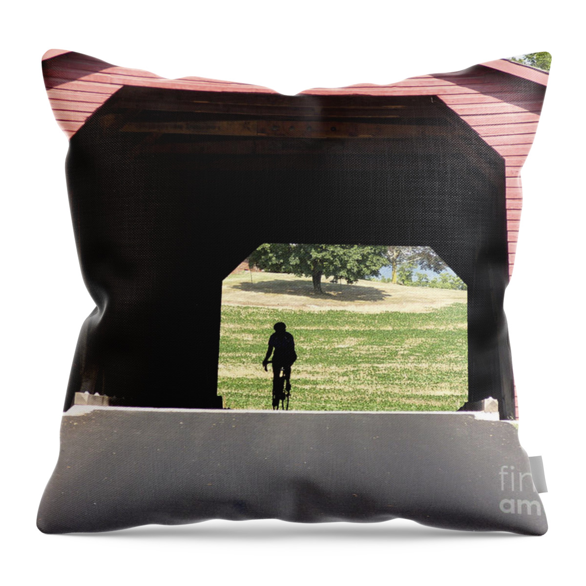 Arch Truss Throw Pillow featuring the photograph Cycling through the Utica Mills Covered Bridge in Maryland by William Kuta