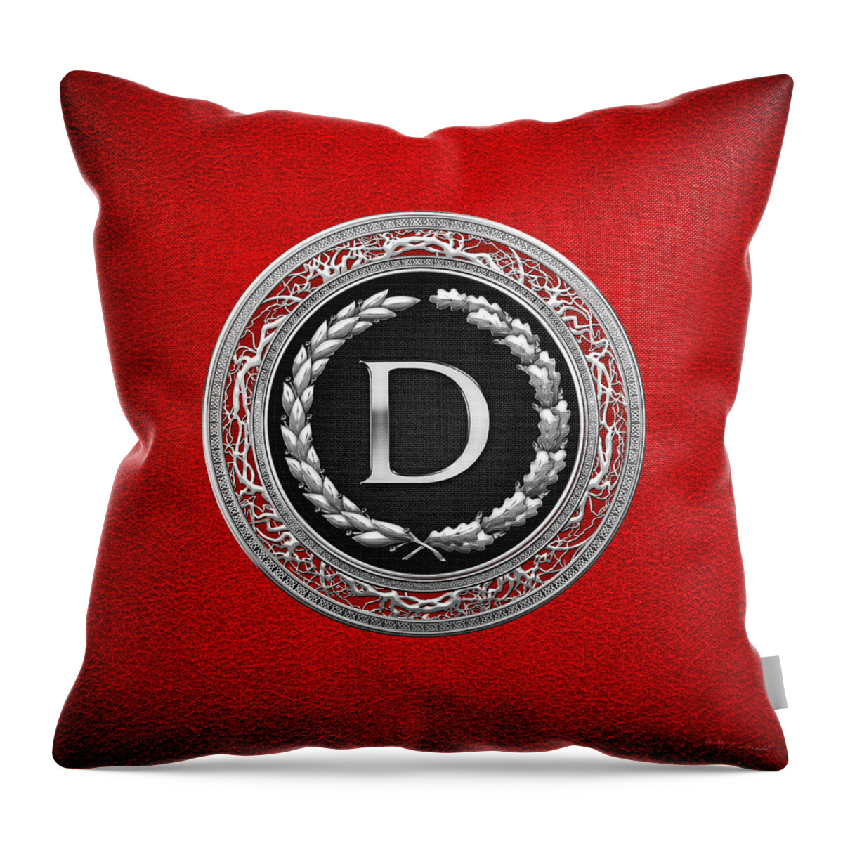 C7 Vintage Monograms 3d Throw Pillow featuring the digital art D - Silver Vintage Monogram on Red Leather by Serge Averbukh