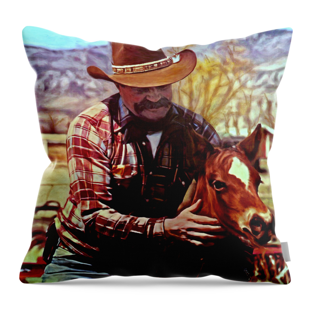 Cowboy Throw Pillow featuring the painting Dad and Horse by Michael Pickett
