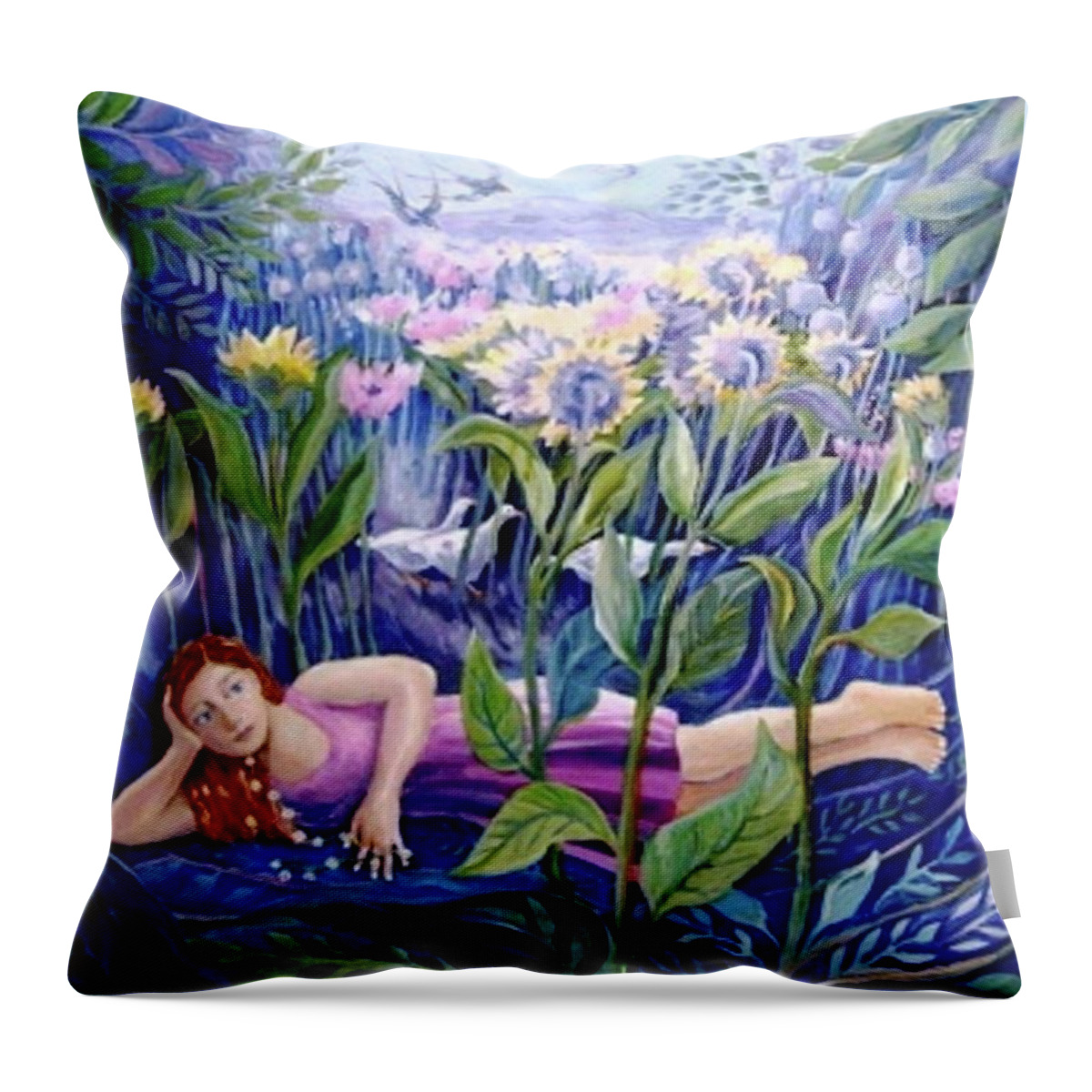 Daisy Chain Throw Pillow featuring the painting Daisy Chain by Trudi Doyle