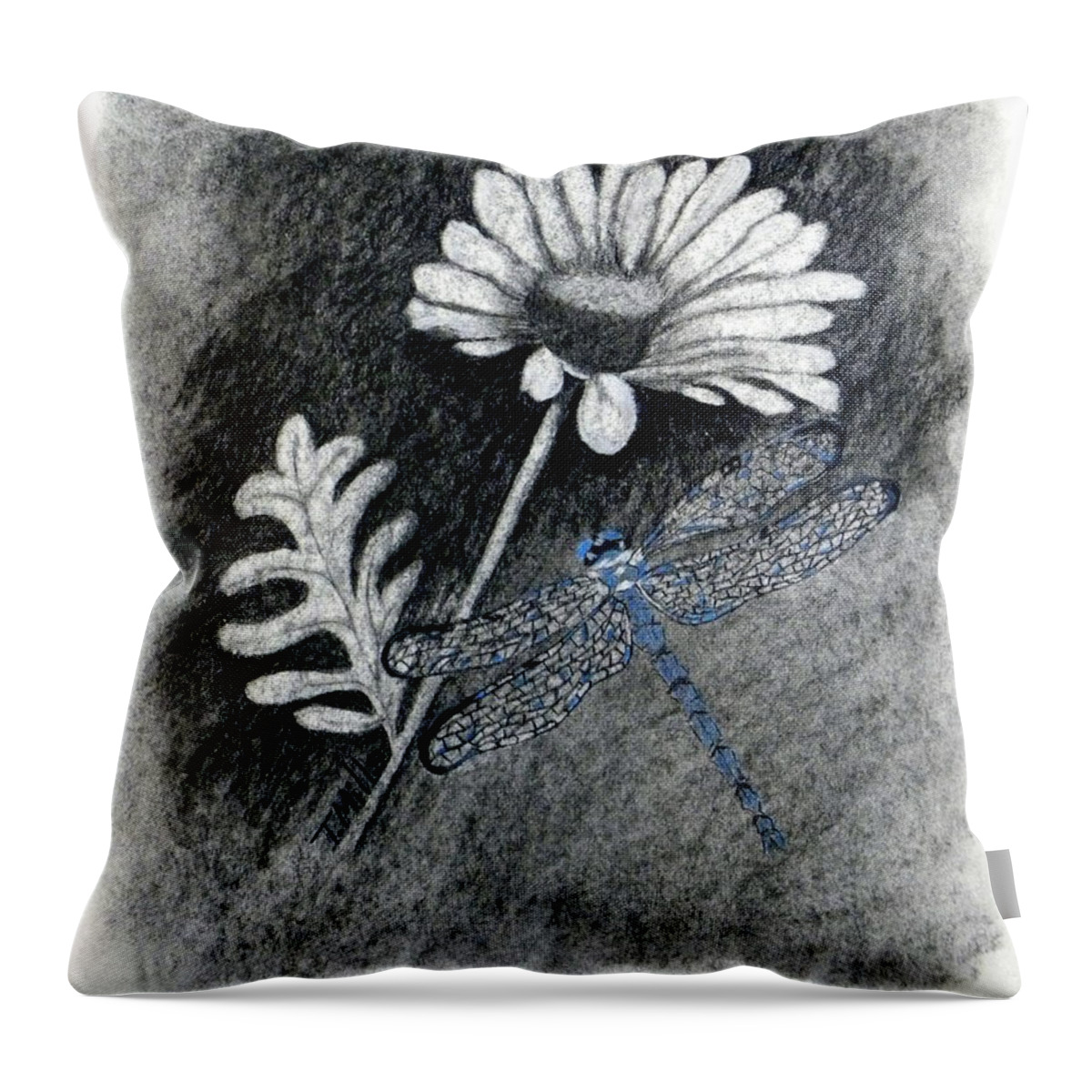 Charcoal Throw Pillow featuring the drawing Daisy n Dragonfly by Terri Mills