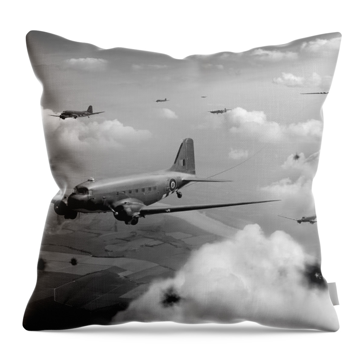 Dakotas Throw Pillow featuring the digital art Dakotas and Horsas over Arnhem black and white version by Gary Eason