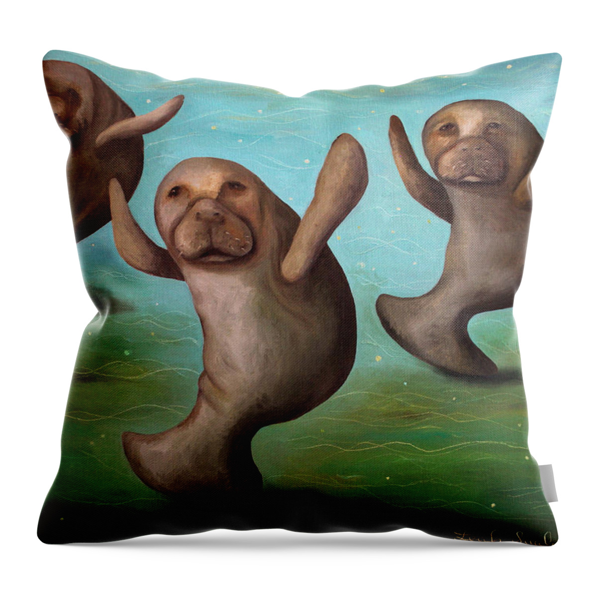 Manatee Throw Pillow featuring the painting Dance Of The Manatees edit 2 by Leah Saulnier The Painting Maniac
