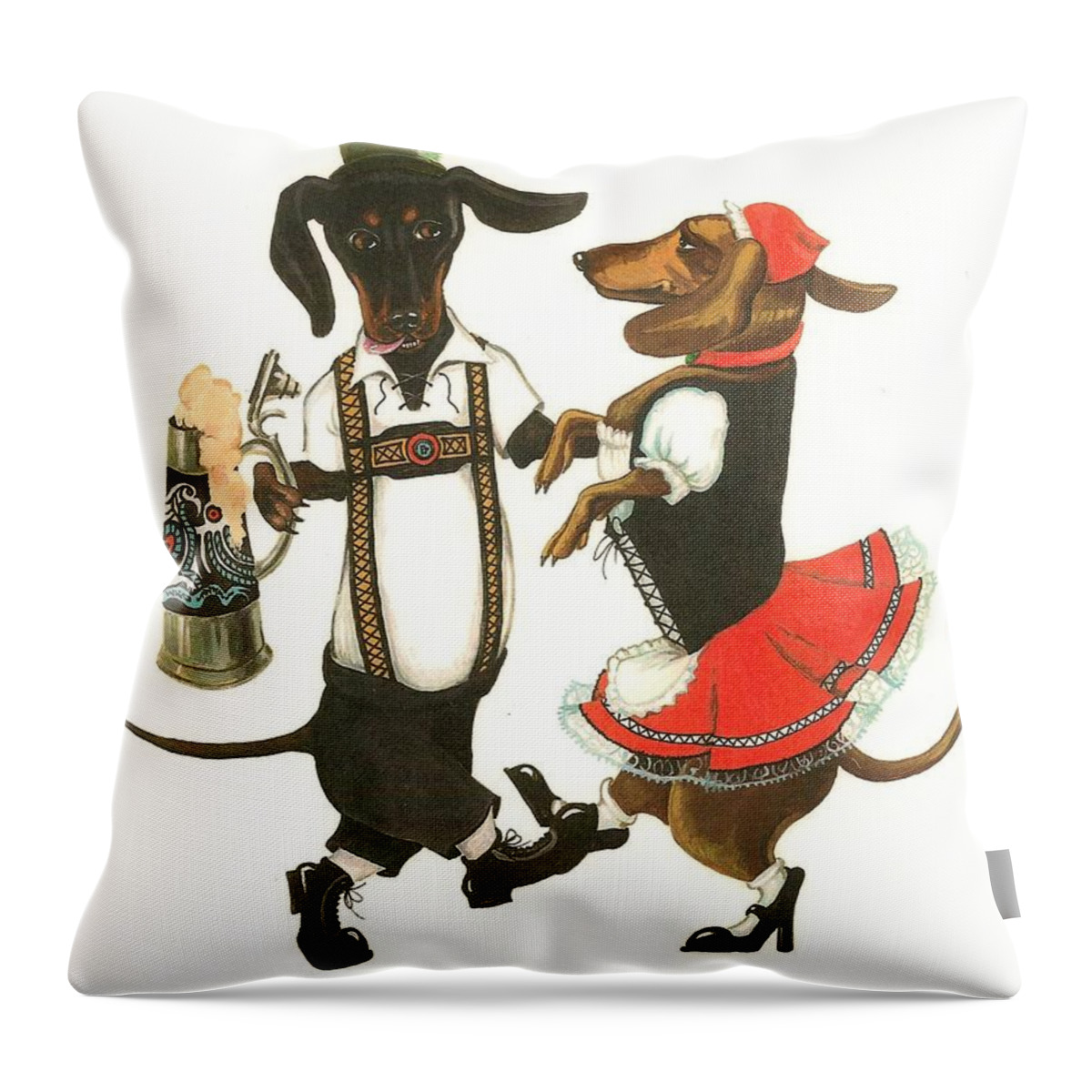Painting Throw Pillow featuring the painting Dancing Dachshunds by Margaryta Yermolayeva
