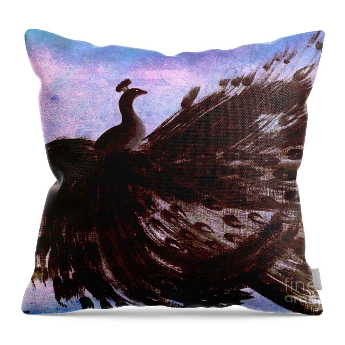 Black Bird Throw Pillow featuring the digital art DANCING PEACOCK blue pink wash by Anita Lewis