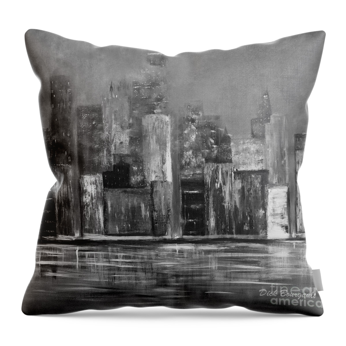 Black And White Throw Pillow featuring the painting Dark Clouds Over the City by Dick Bourgault