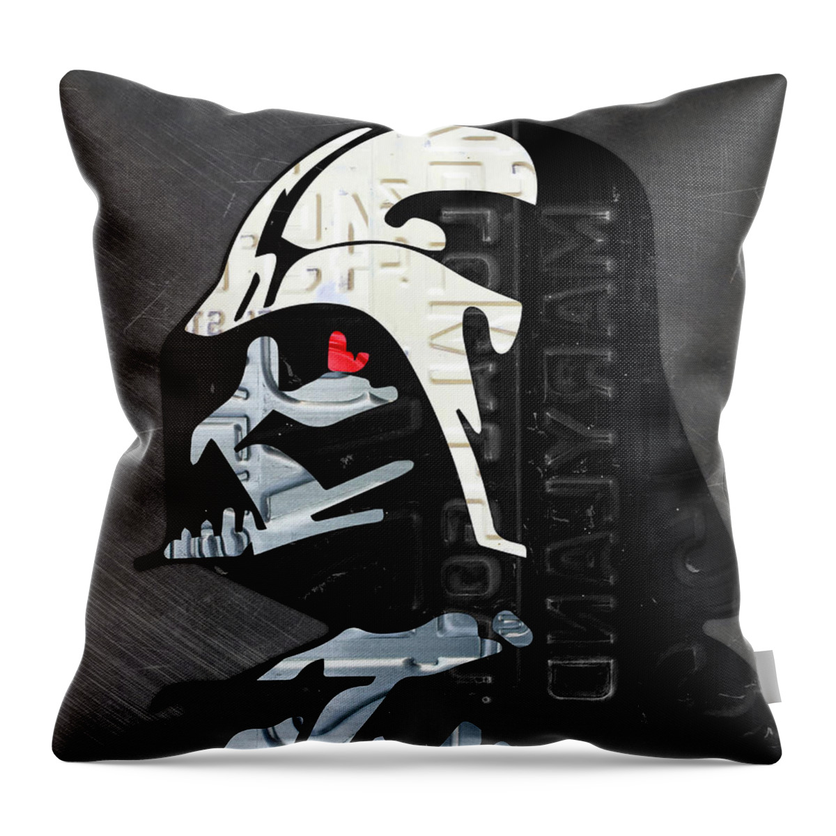 Darth Vader Throw Pillow featuring the mixed media Darth Vader Helmet Star Wars Portrait Recycled License Plate Art by Design Turnpike
