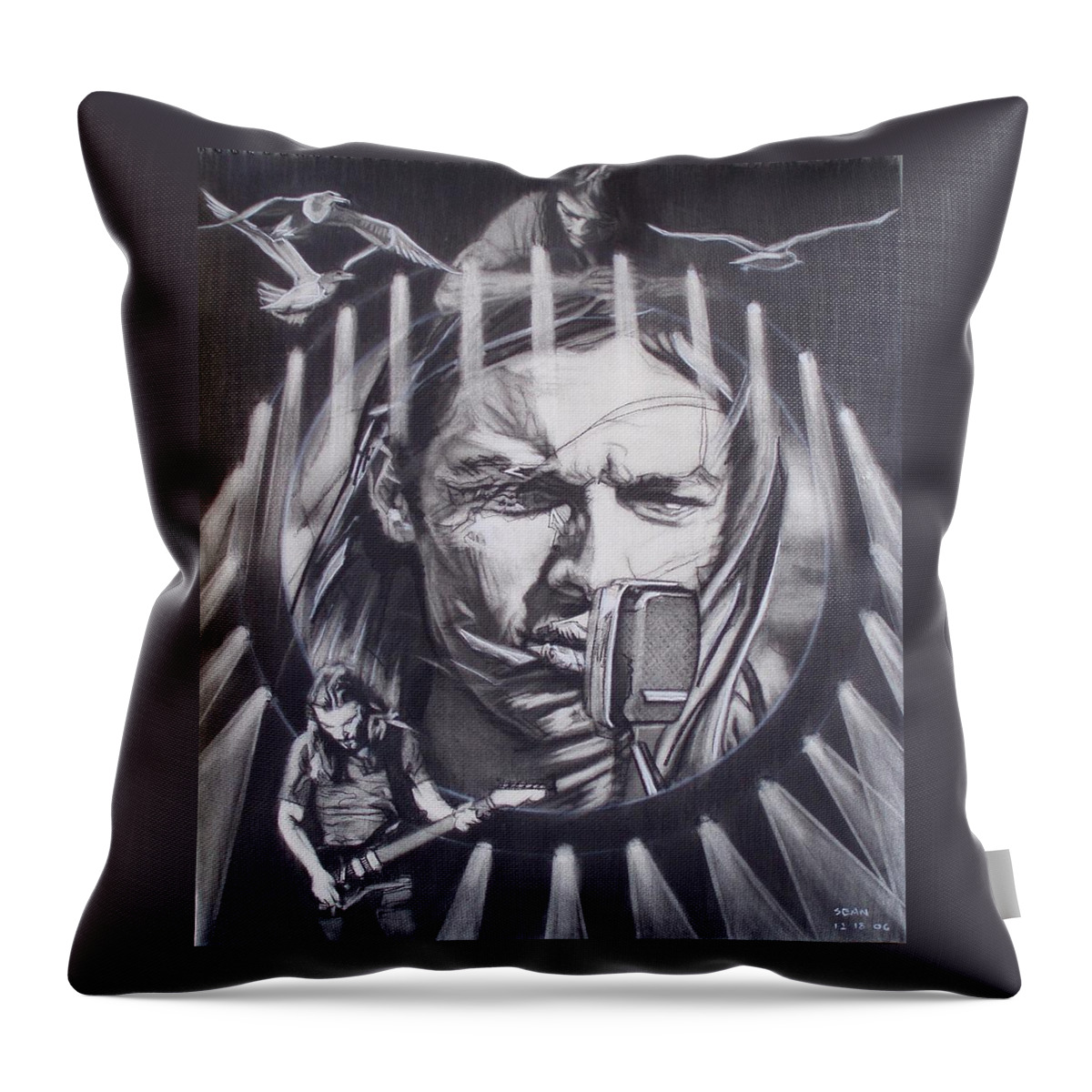 Charcoal Pencil On Paper Throw Pillow featuring the drawing David Gilmour Of Pink Floyd - Echoes by Sean Connolly