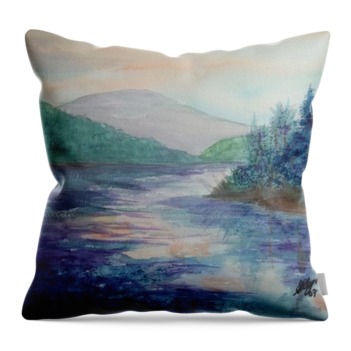 North South Lake Throw Pillow featuring the painting Dawn Kissed Lake North South Lake by Ellen Levinson