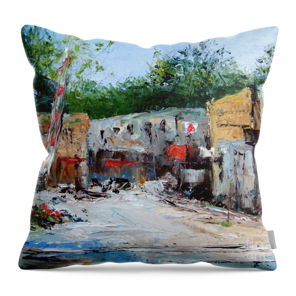 Town Throw Pillow featuring the painting Railroad Crossing by Virginia Potter