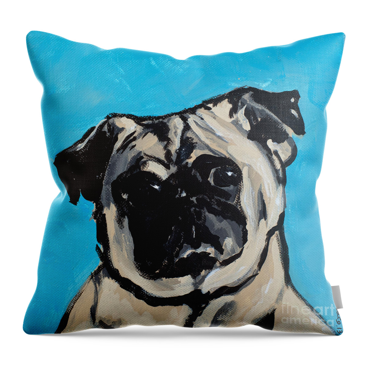 Pug; Dog; Puppy; Animal; Portrait; Painting; Acrylic Throw Pillow featuring the painting Deb's Ming by Rebecca Weeks