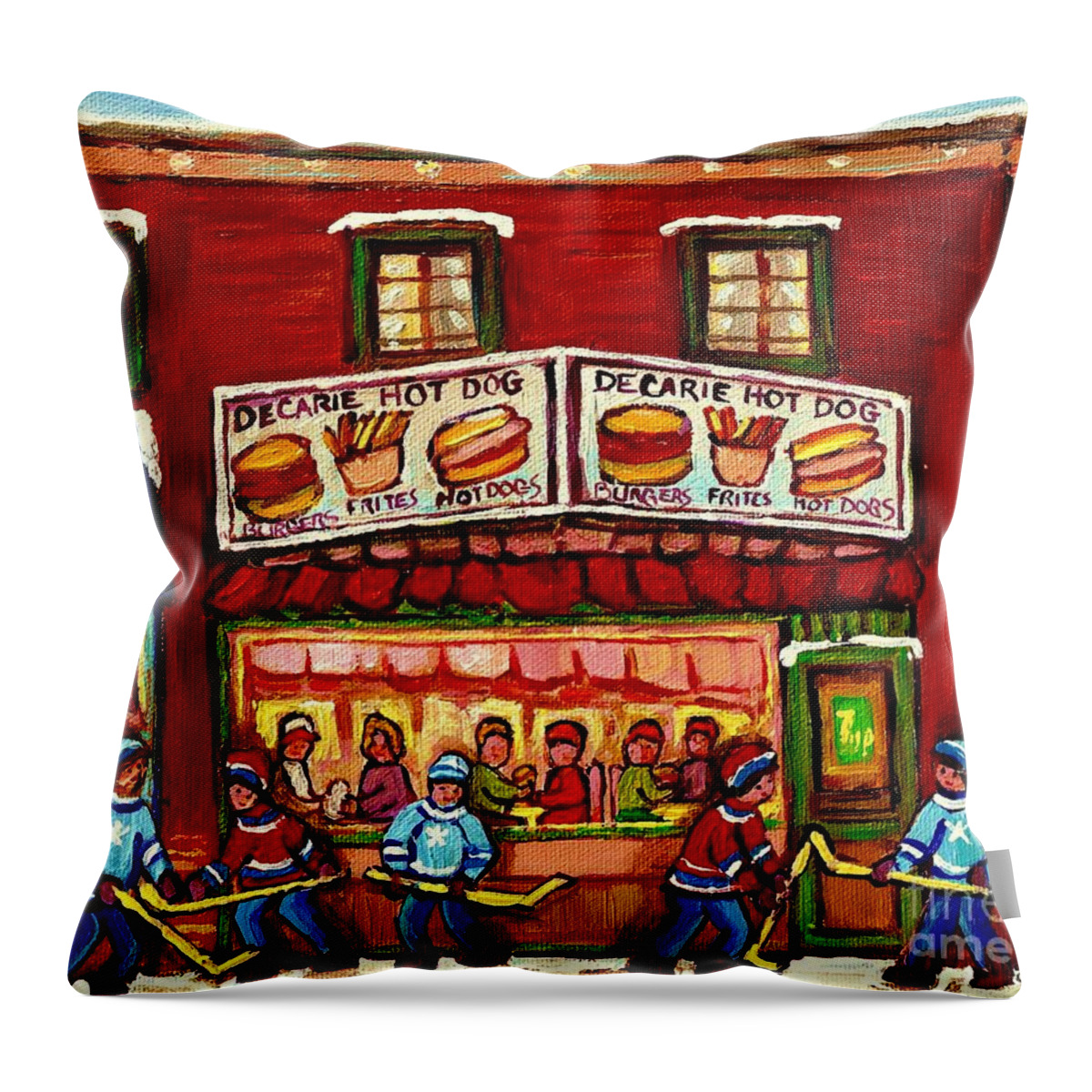 Montreal Throw Pillow featuring the painting Decarie Hot Dog Restaurant Cosmix Comic Store Montreal Paintings Hockey Art Winter Scenes C Spandau by Carole Spandau