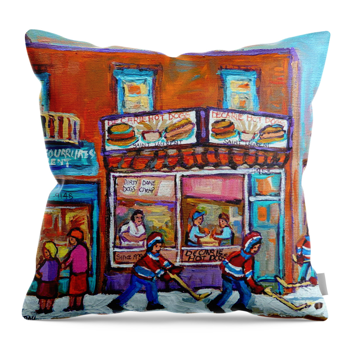 Montreal Throw Pillow featuring the painting Decarie Hot Dog Restaurant Ville St. Laurent Montreal by Carole Spandau