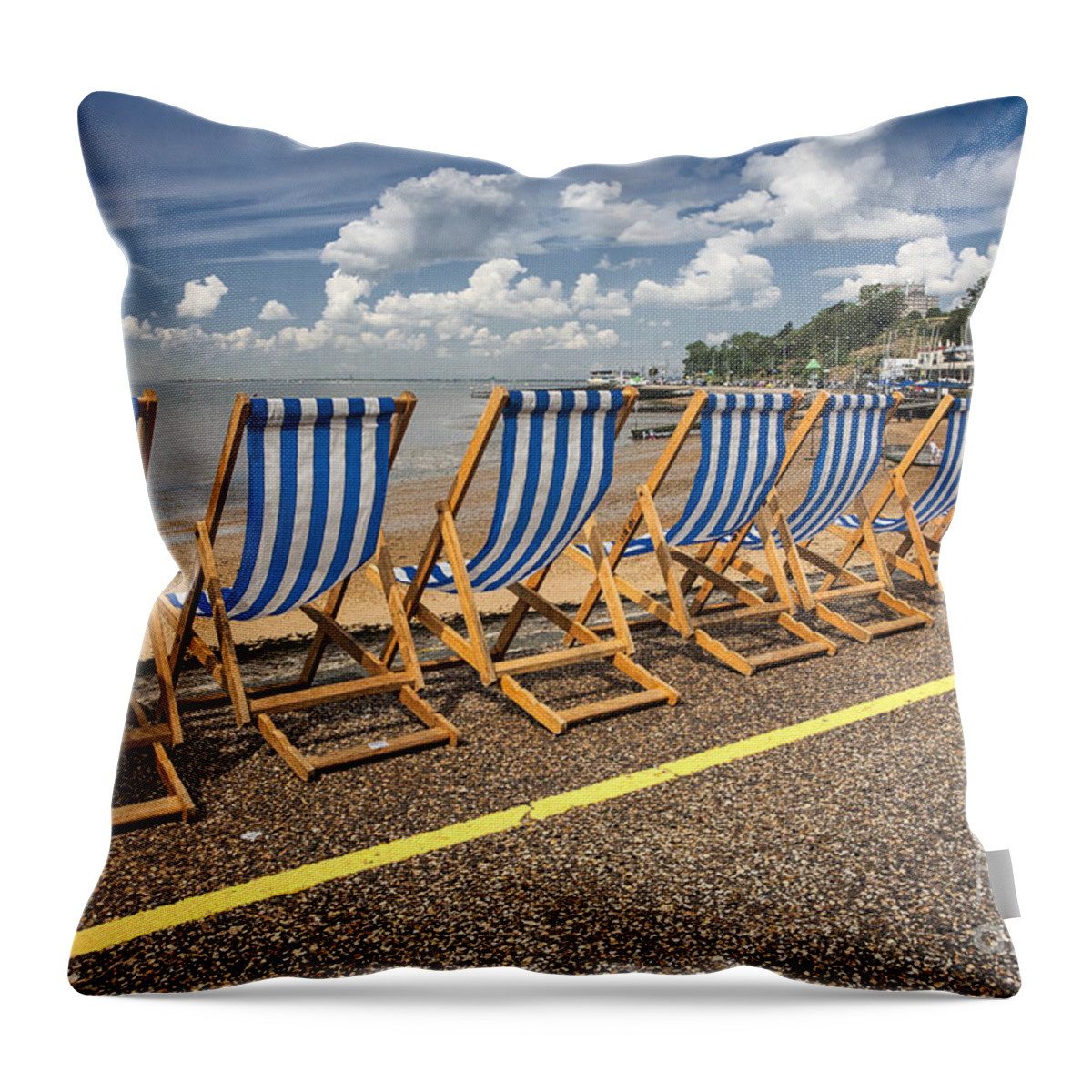 Empty Deckchairs Throw Pillow featuring the photograph Deckchairs at Southend by Sheila Smart Fine Art Photography