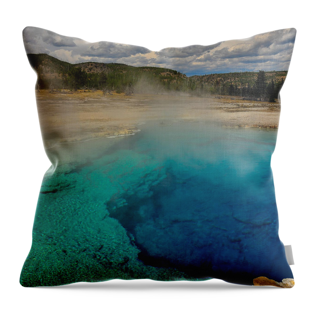 Grand Prismatic Spring Midway Yellowstone National Park Wyoming Mountain Landscape Posters Throw Pillow featuring the photograph Deep Blue by Harry Spitz