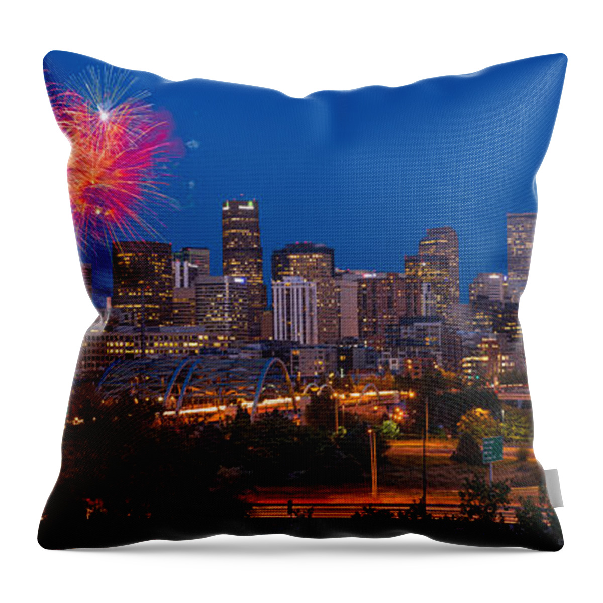 Denver Throw Pillow featuring the photograph Denver Skyline Fireworks by Steve Gadomski