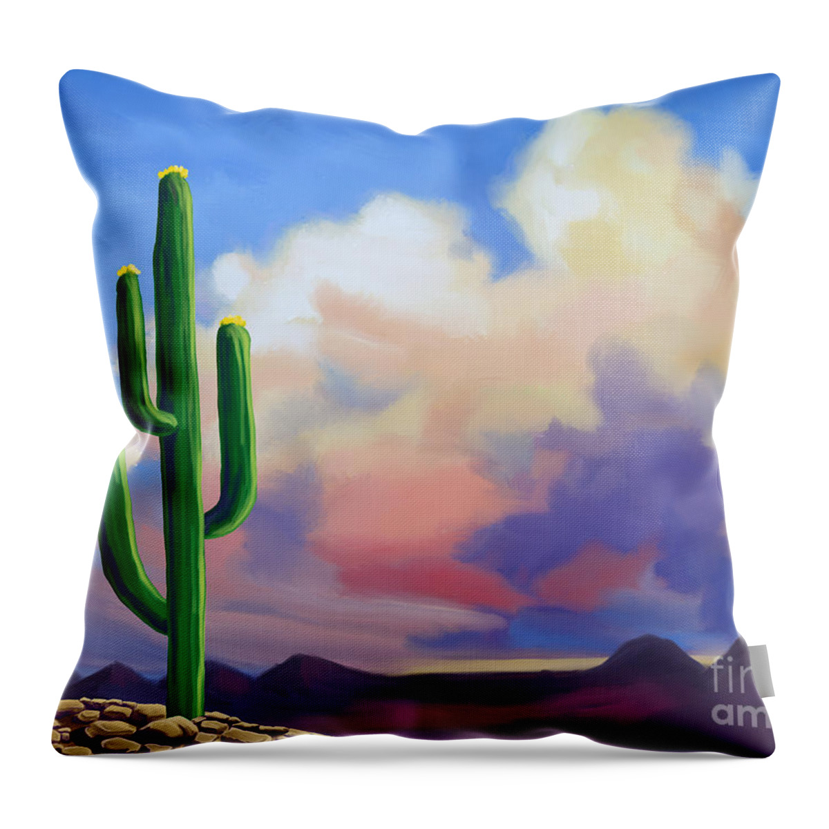 Desert Throw Pillow featuring the painting Desert Cactus at Sunset by Tim Gilliland